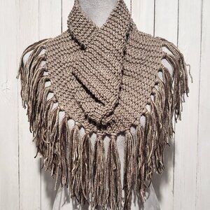 NEW Taupe Metallic Cowl Infinity Scarf Hand Knitted Boho Fringe Earthy Artsy Mod
